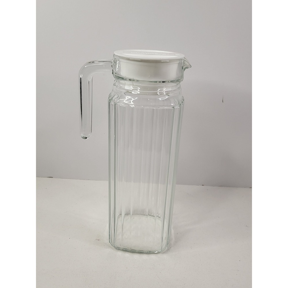 Luminarc Glass Pitcher with White Lid Ribbed Square Fridge Carafe 1L 34oz